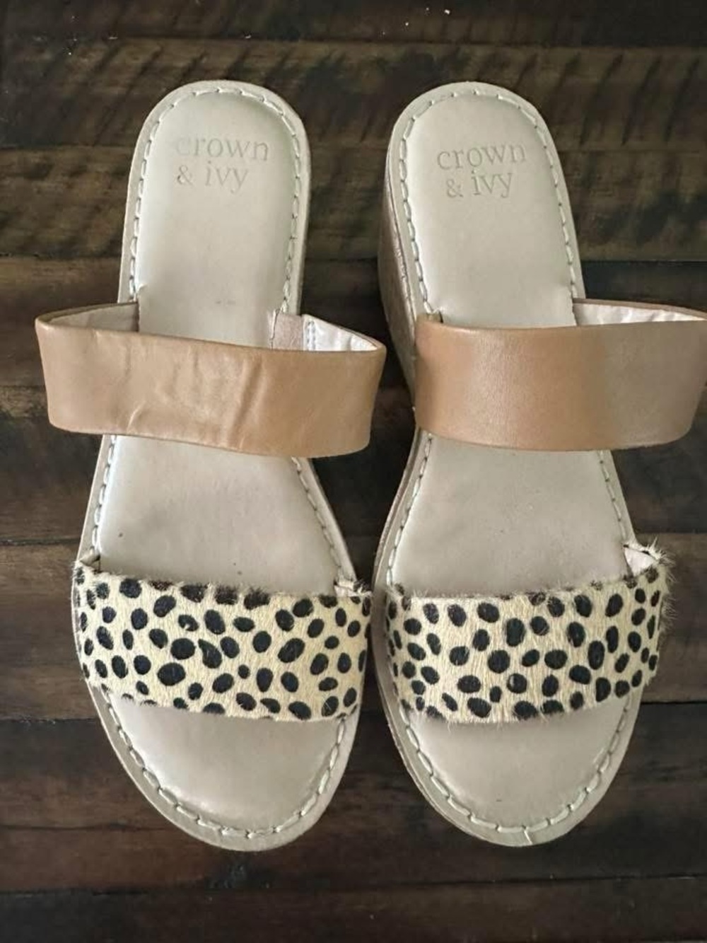 crown & ivy Neutral Tan Slide Sandals with Leopard-Print Strap
